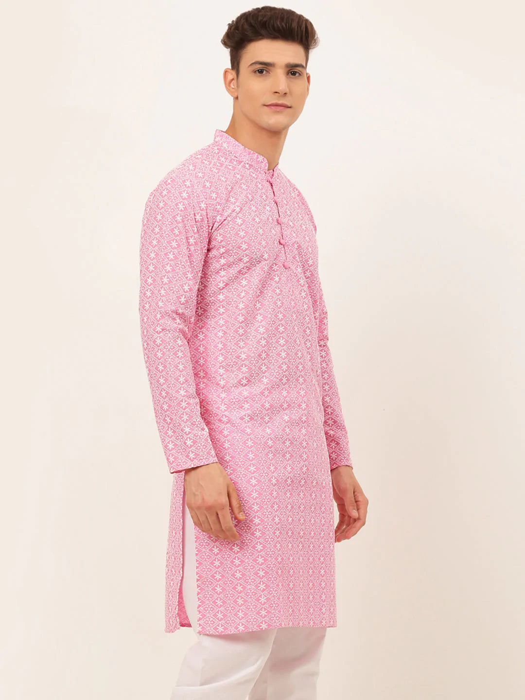 Men's Pink & White Embroidered Straight Kurtas ( KO 626 Pink )