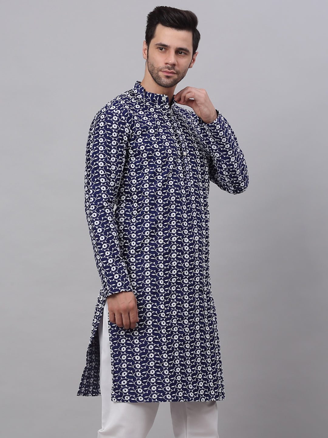 Men Navy Blue Embroidered Dupion Silk Kurtas ( KO 633Navy )