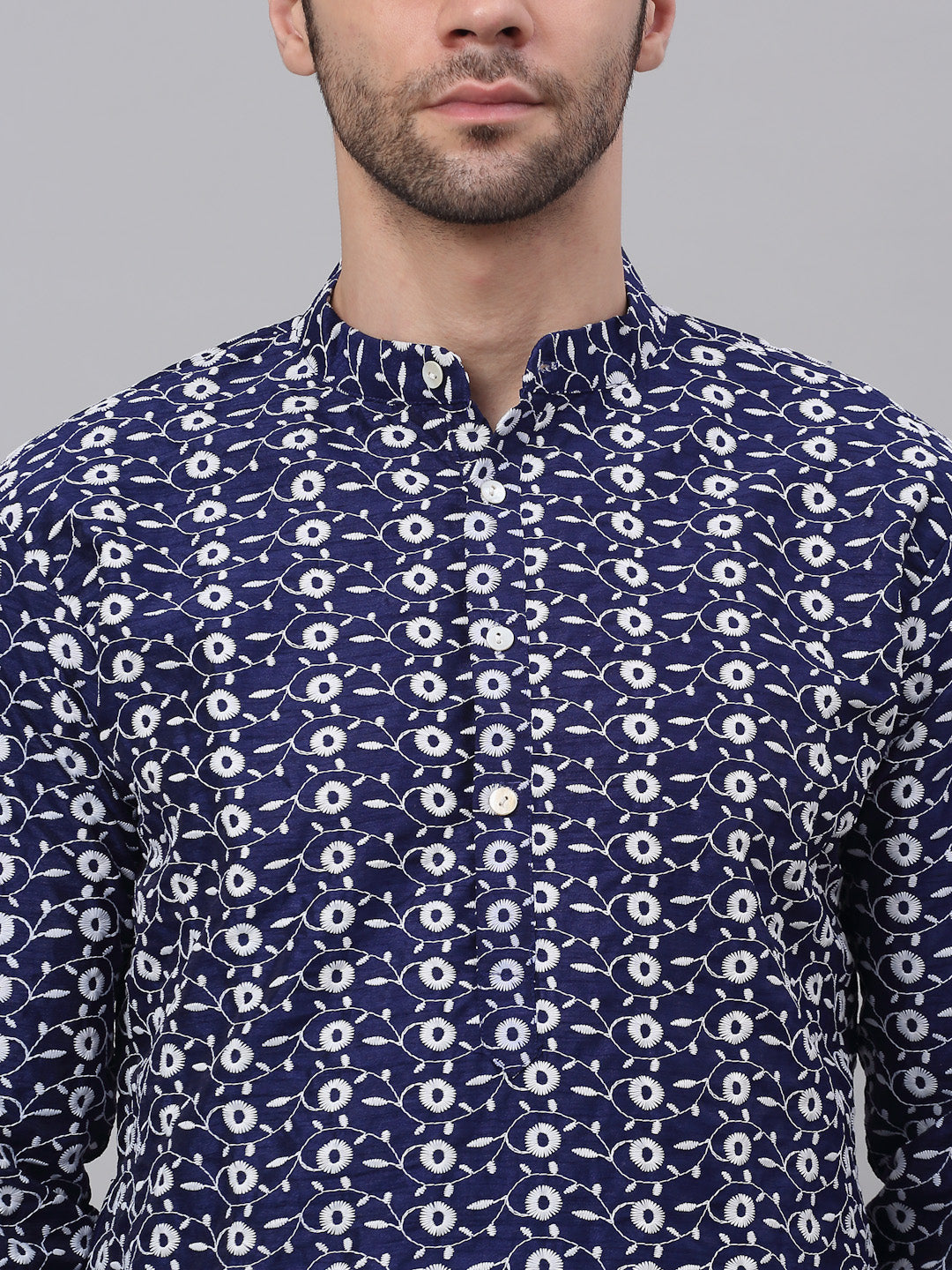 Men Navy Blue Embroidered Dupion Silk Kurtas ( KO 633Navy )