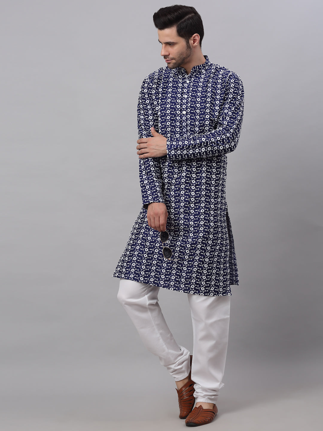 Men Navy Blue Embroidered Dupion Silk Kurtas ( KO 633Navy )