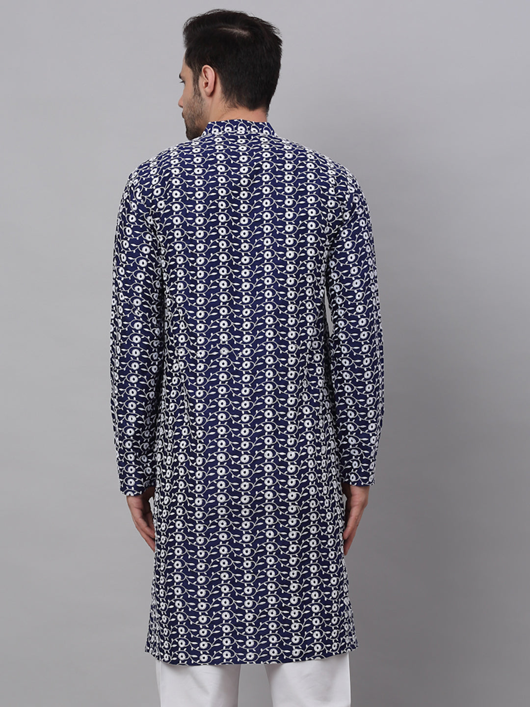 Men Navy Blue Embroidered Dupion Silk Kurtas ( KO 633Navy )