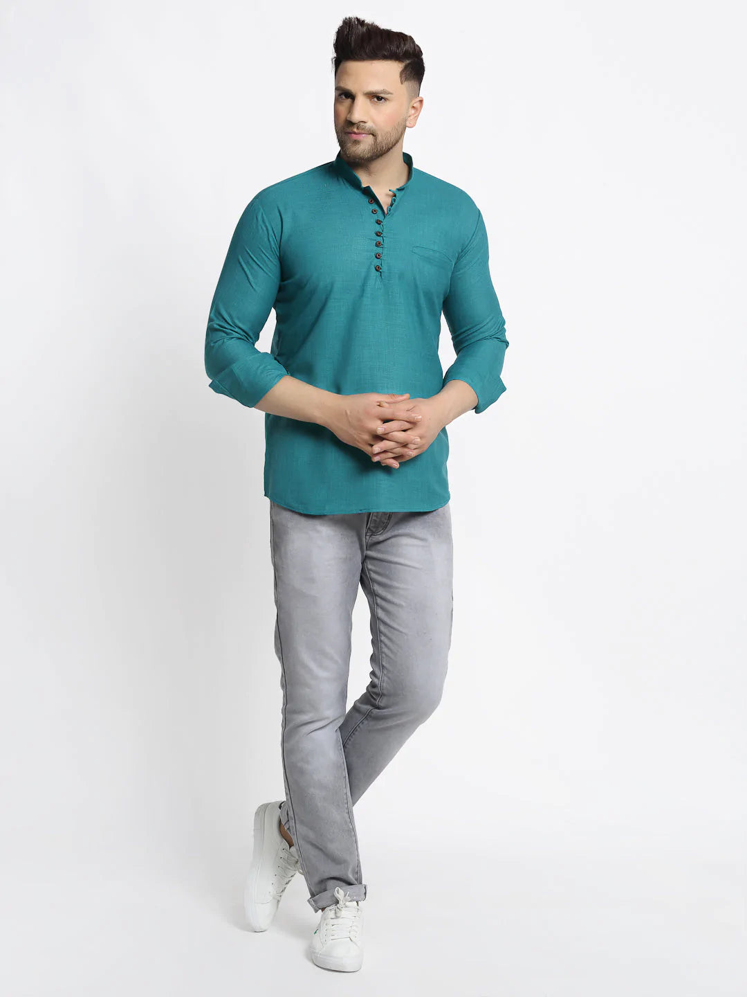 Jompers Men's Green Solid Cotton Short Kurta ( KO 639 Green )