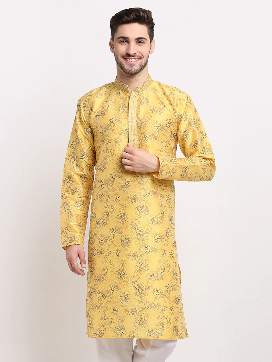 Jompers Men's Yellow Dupion Printed Kurta Only ( KO 644 Yellow )