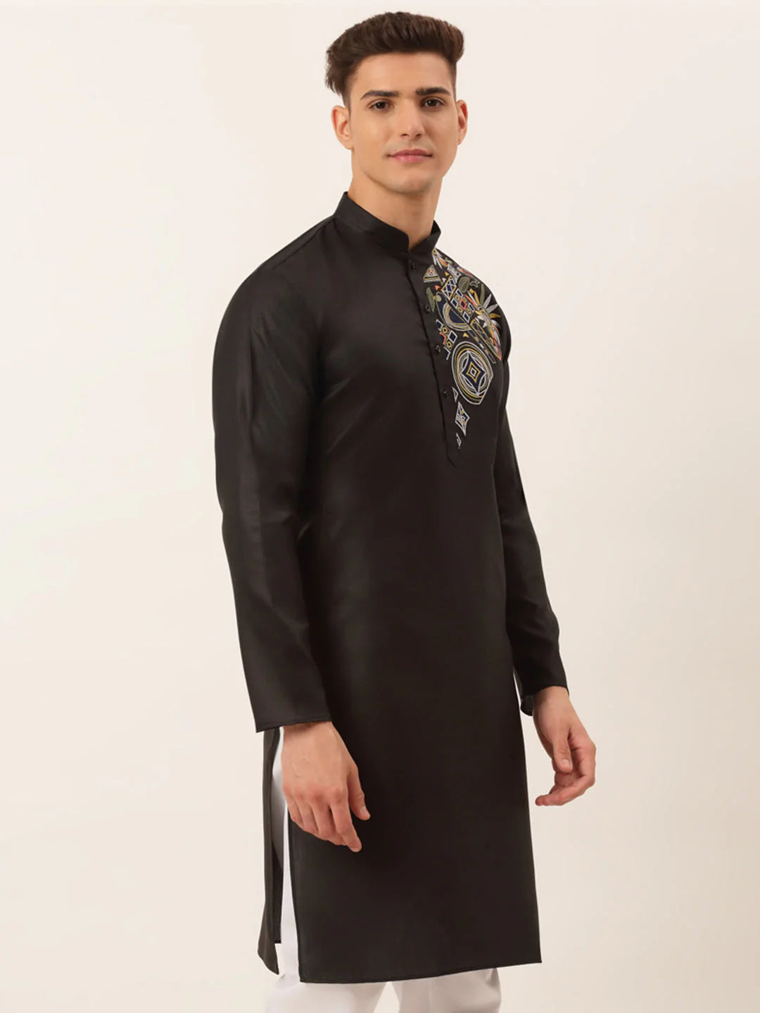 Men's Cotton Embroidered Kurtas ( KO 655 Black )