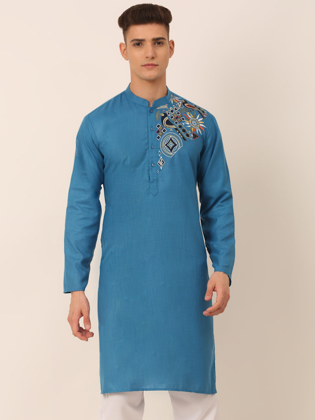 Men's Cotton Embroidered Kurta ( KO 655Peacock )