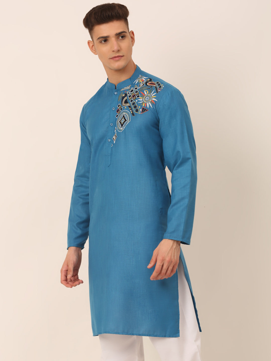 Men's Cotton Embroidered Kurta ( KO 655Peacock )