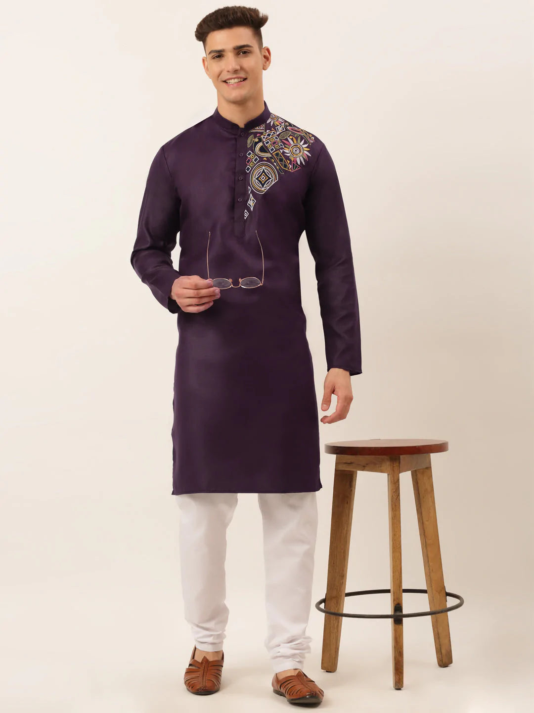 Men's Cotton Embroidered Kurtas ( KO 655 Purple )