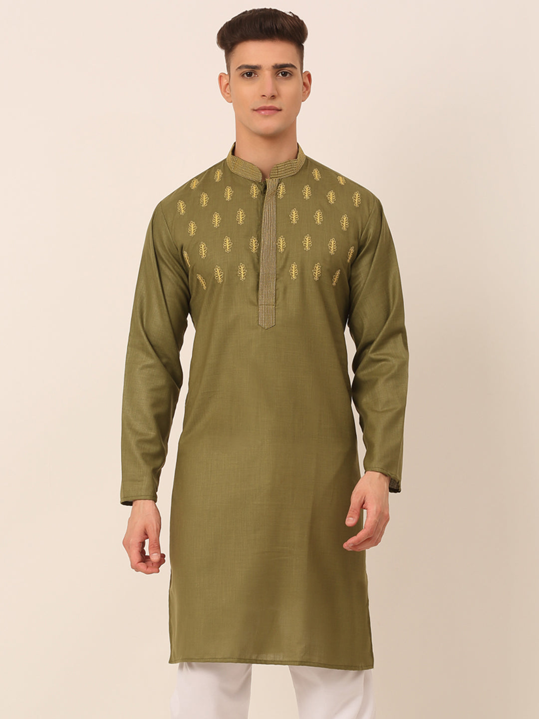 Men's Olive Green Embroidered Kurtas ( KO 656Olive )