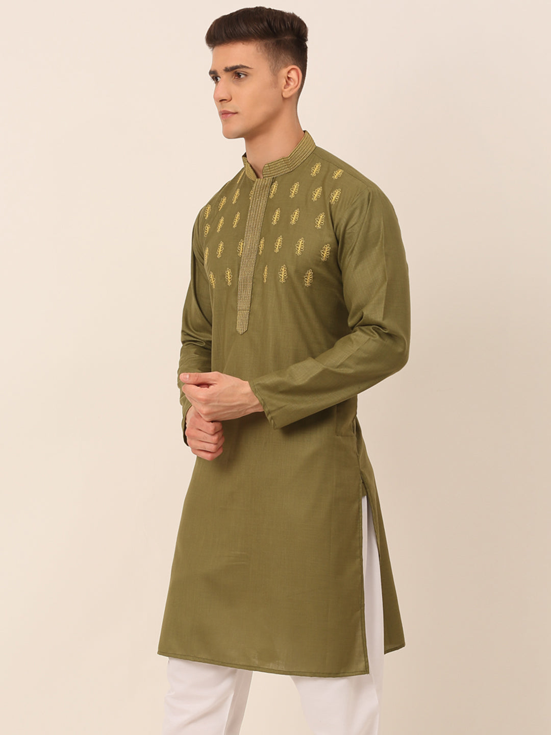 Men's Olive Green Embroidered Kurtas ( KO 656Olive )