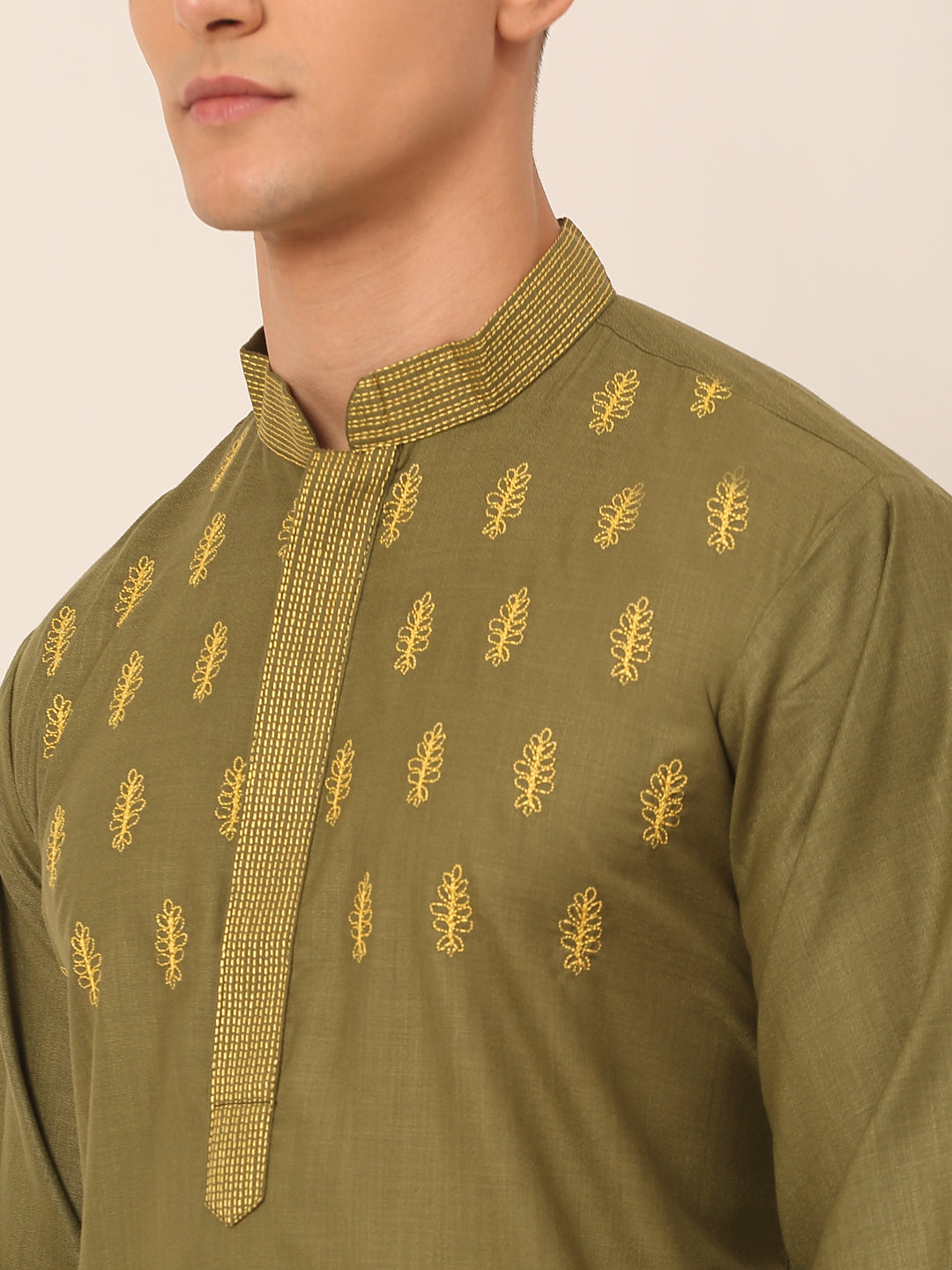 Men's Olive Green Embroidered Kurtas ( KO 656Olive )