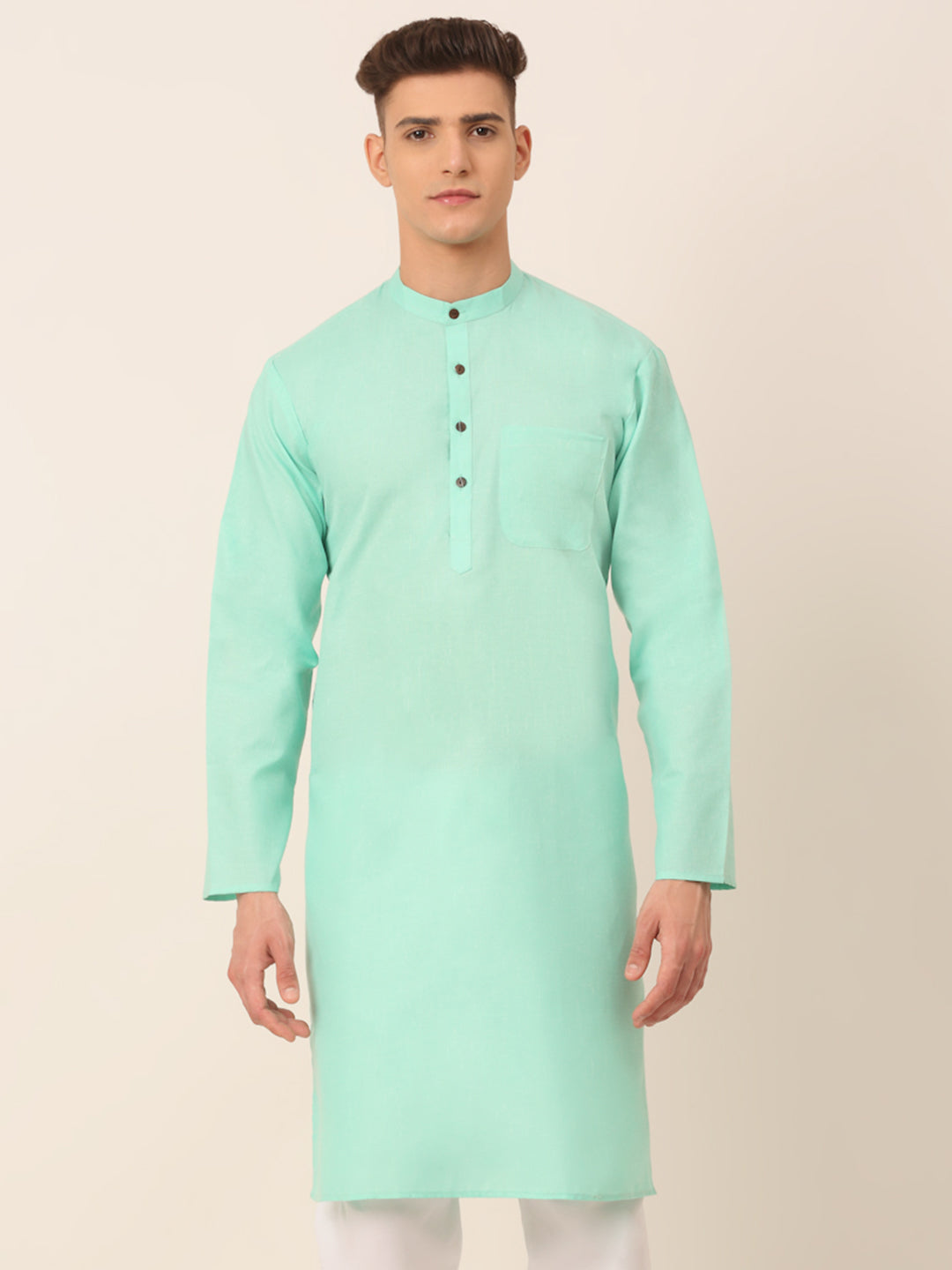 Men's Cotton Solid Kurta ( KO 657Green )