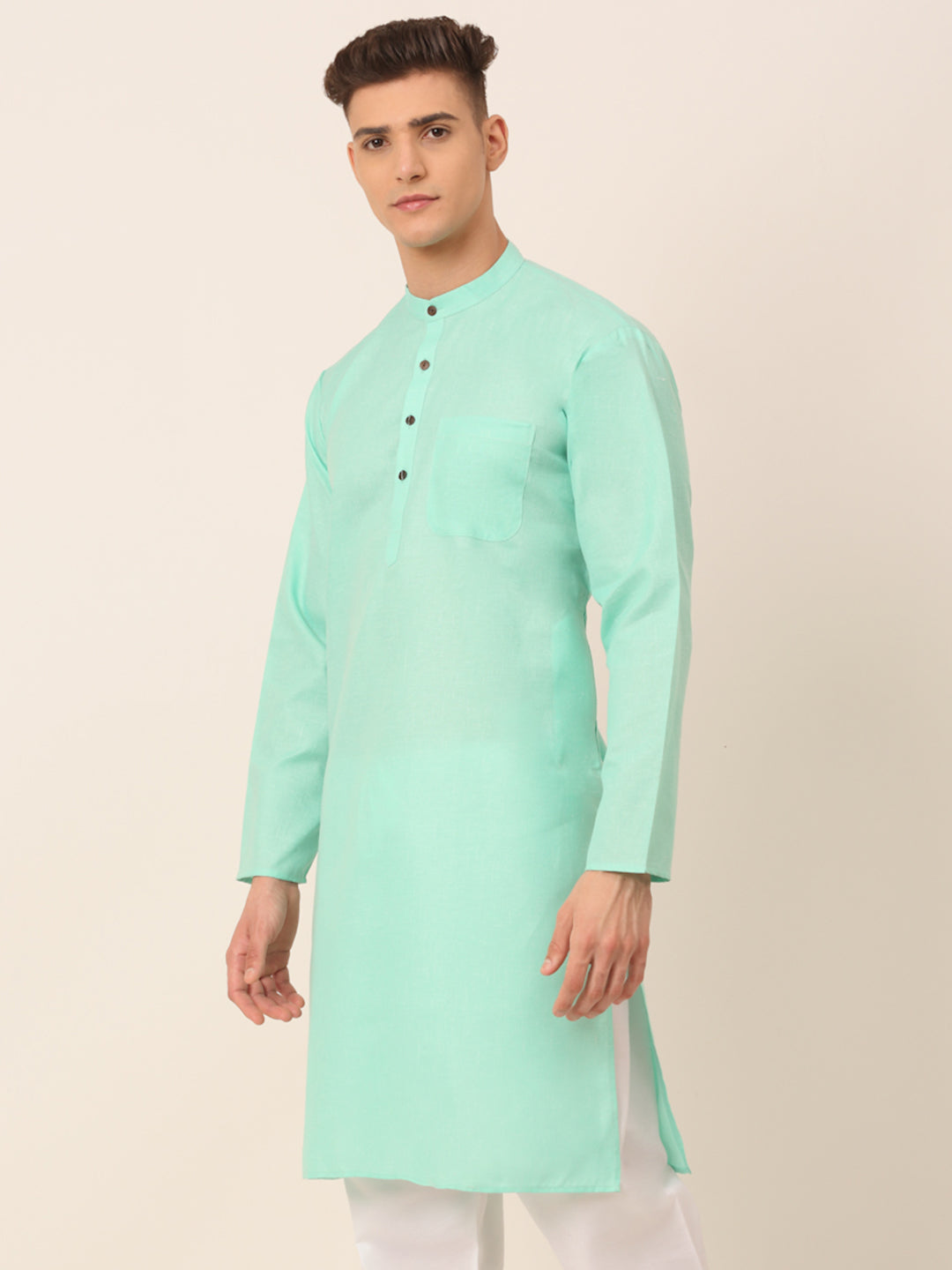 Men's Cotton Solid Kurta ( KO 657Green )