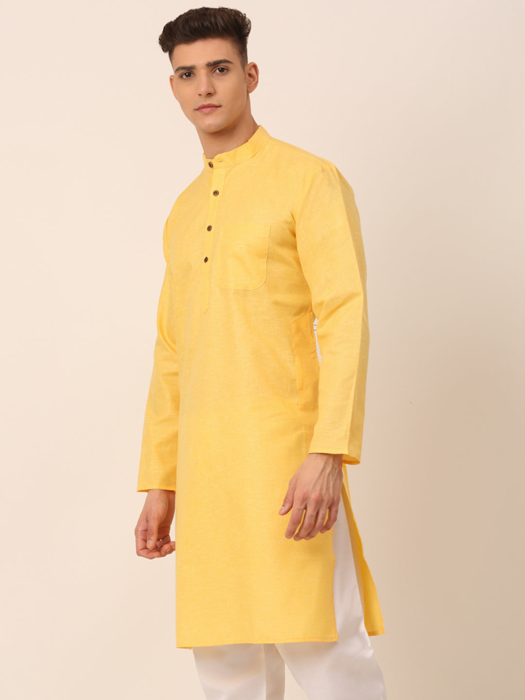 Men's Cotton Solid Kurta ( KO 657Yellow )