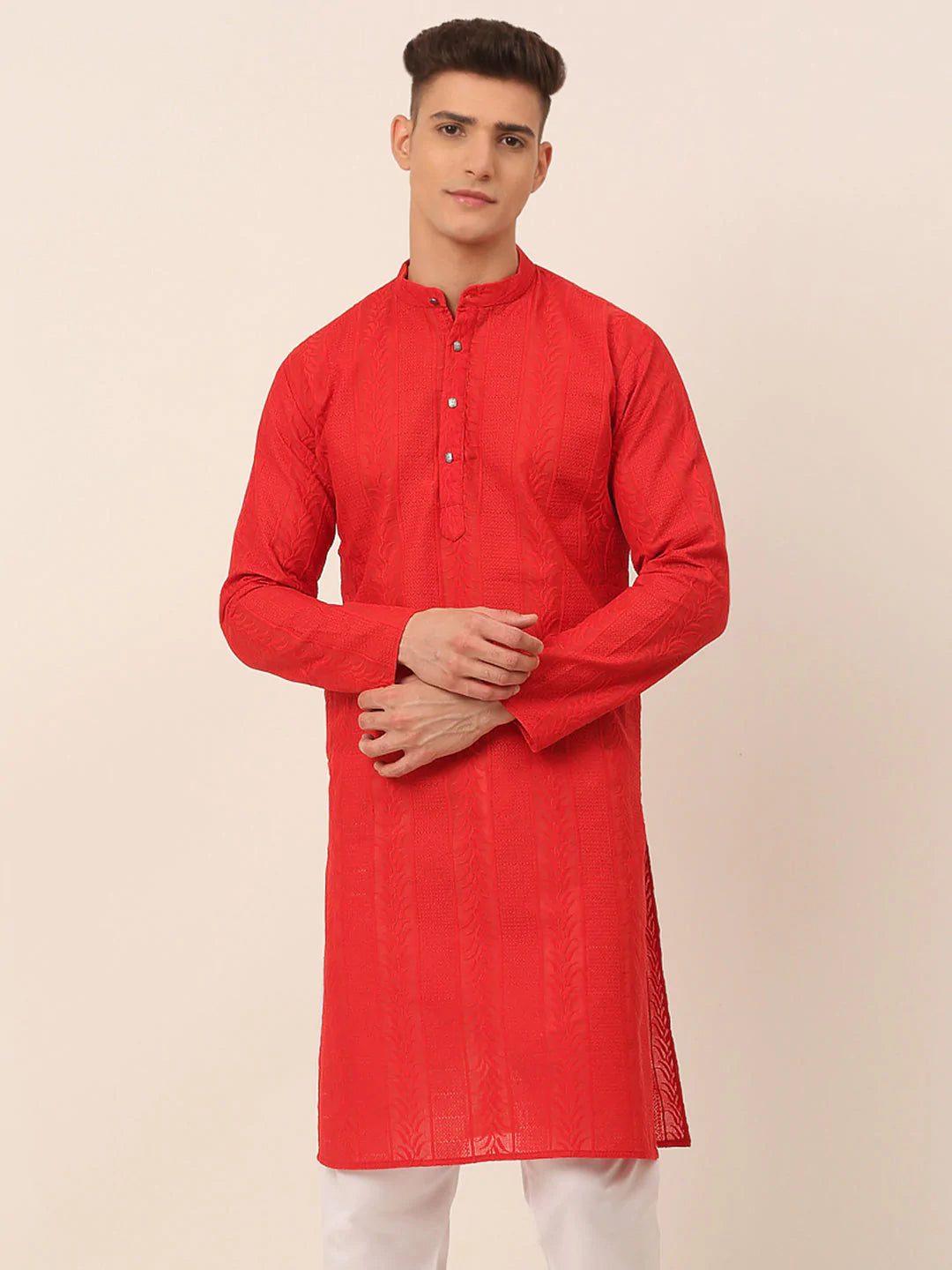 Men's Pure Cottom Embroidered Kurta Only ( KO 660 Red )