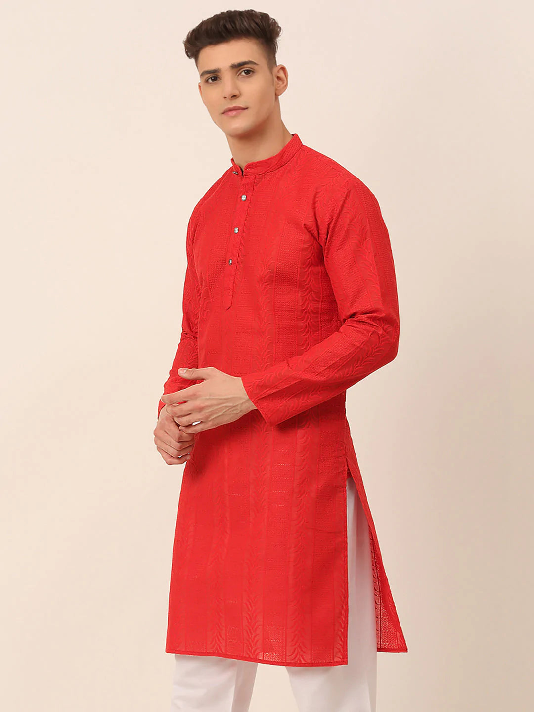 Men's Pure Cottom Embroidered Kurta Only ( KO 660 Red )