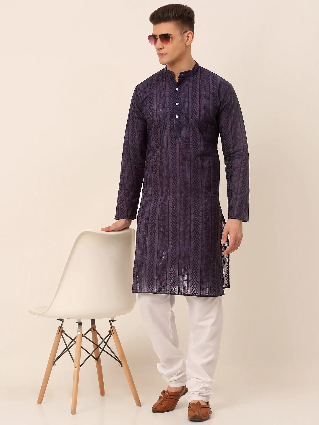 Men's Pure Cottom Embroidered Kurta Only ( KO 660 Navy )
