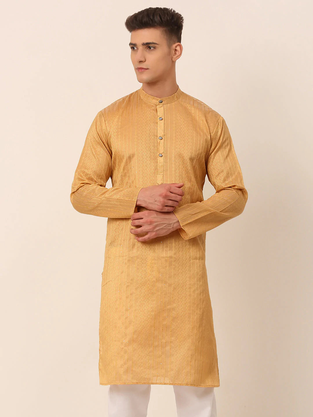 Men's Silk Blend Sequence Embroidered Kurta Only ( KO 661 Beige )