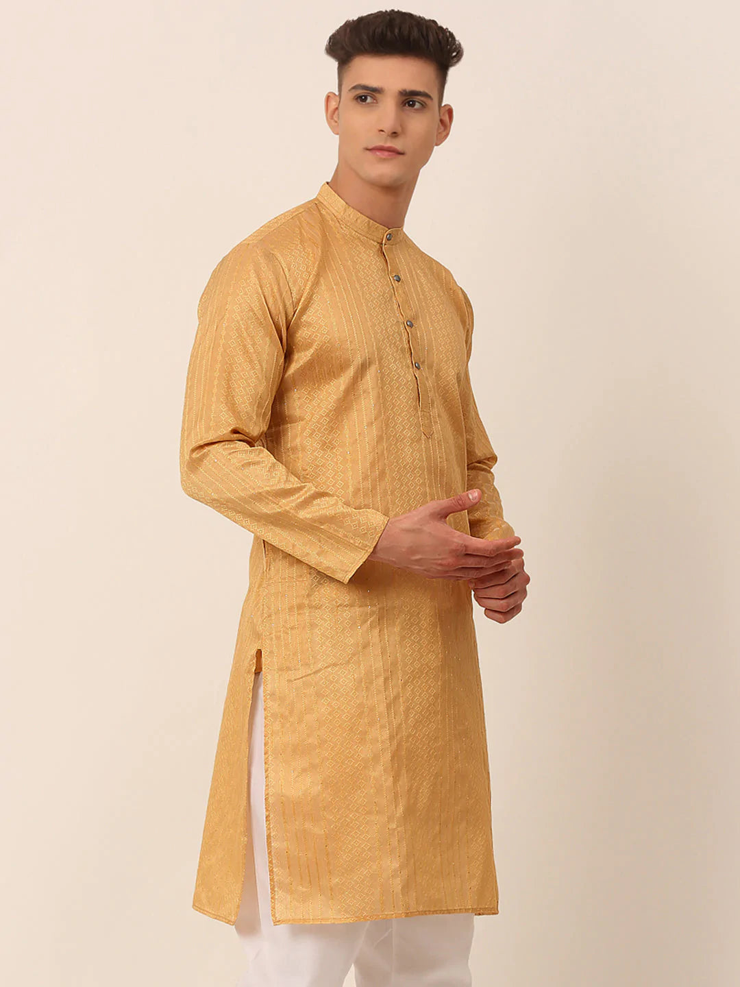 Men's Silk Blend Sequence Embroidered Kurta Only ( KO 661 Beige )