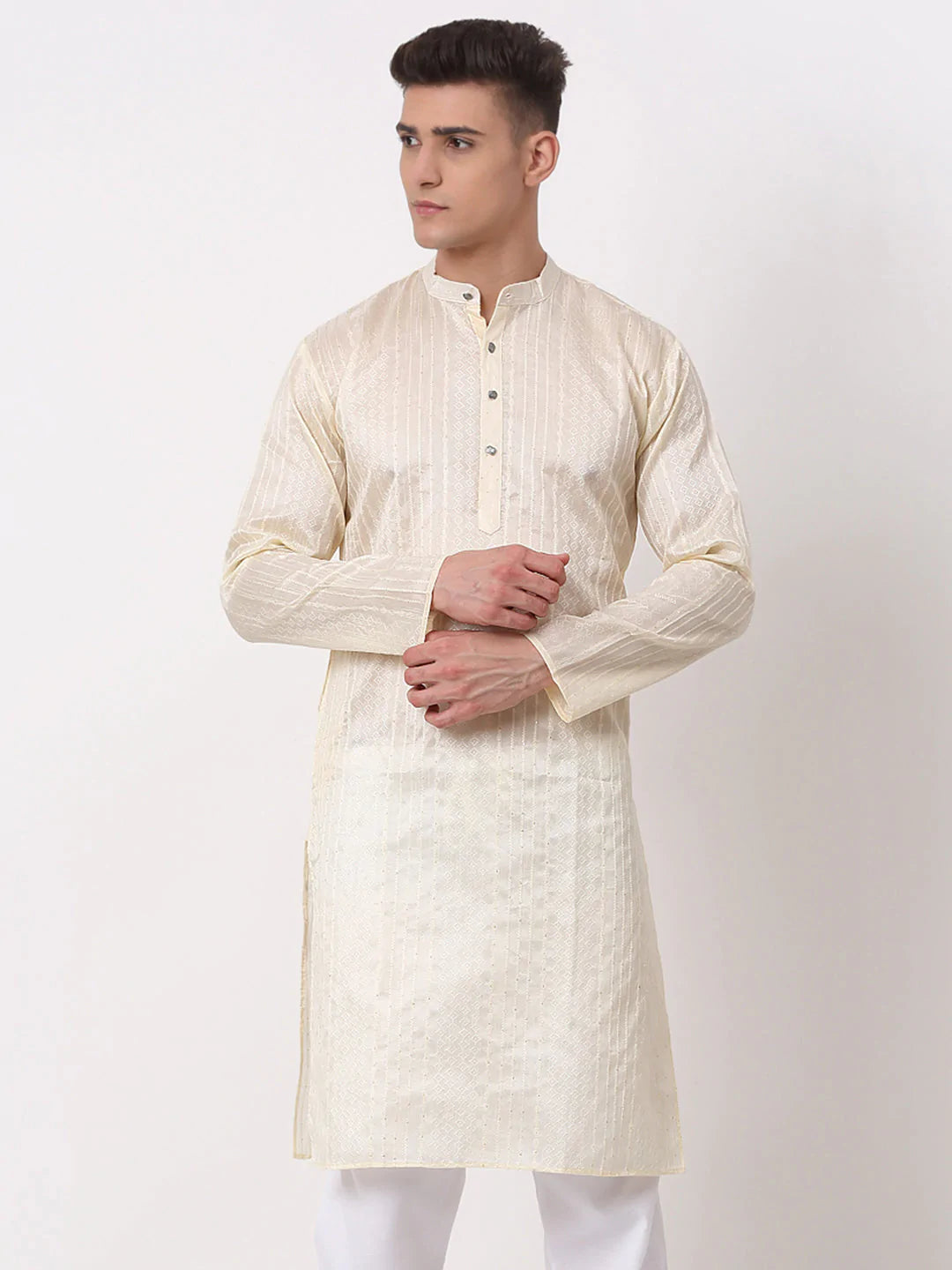 Men's Silk Blend Sequence Embroidered Kurta Only ( KO 661 Cream )