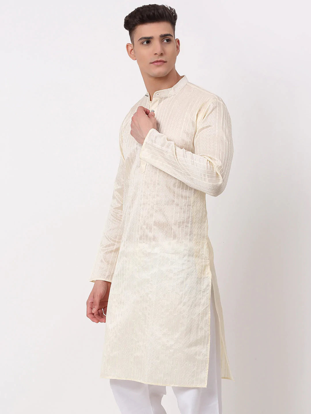 Men's Silk Blend Sequence Embroidered Kurta Only ( KO 661 Cream )