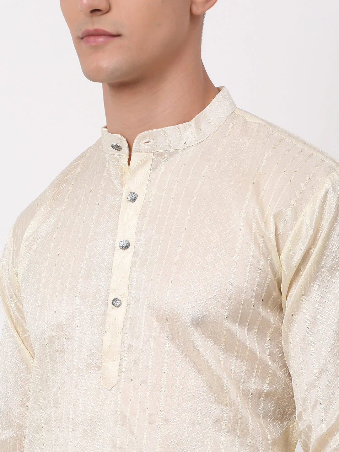 Men's Silk Blend Sequence Embroidered Kurta Only ( KO 661 Cream )