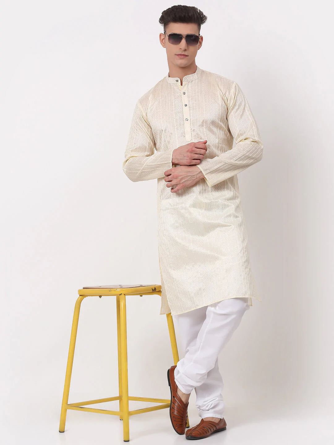 Men's Silk Blend Sequence Embroidered Kurta Only ( KO 661 Cream )