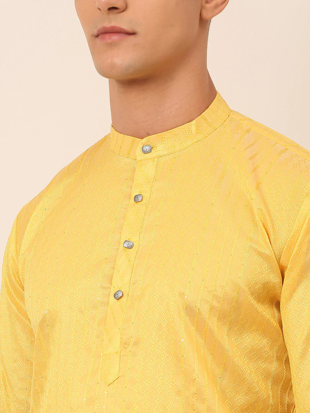 Men's Silk Blend Sequence Embroidered Kurta Only ( KO 661 Yellow )