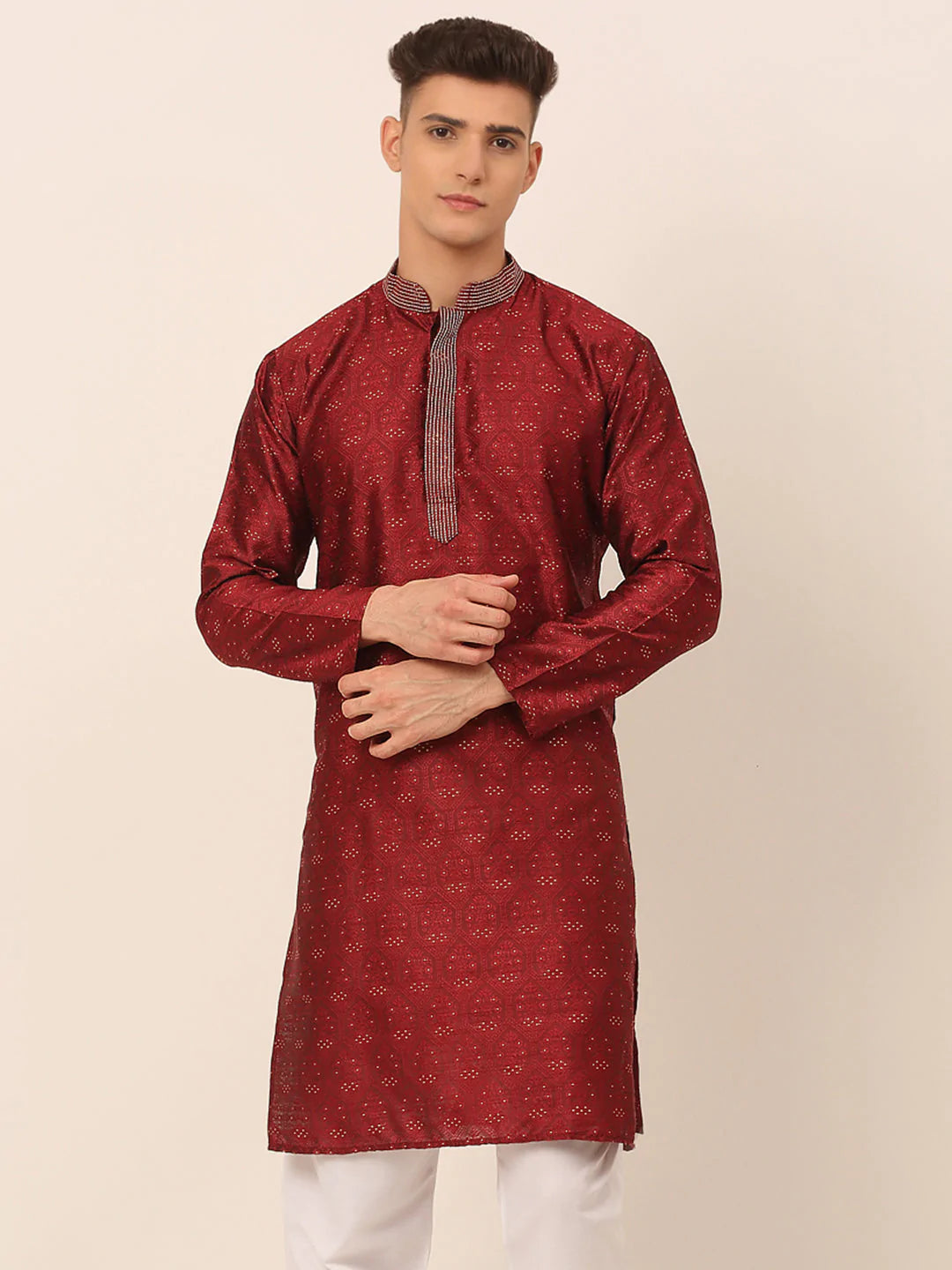 Men's Silk Blend Collar Embroidered Kurta only ( KO 662 Maroon )