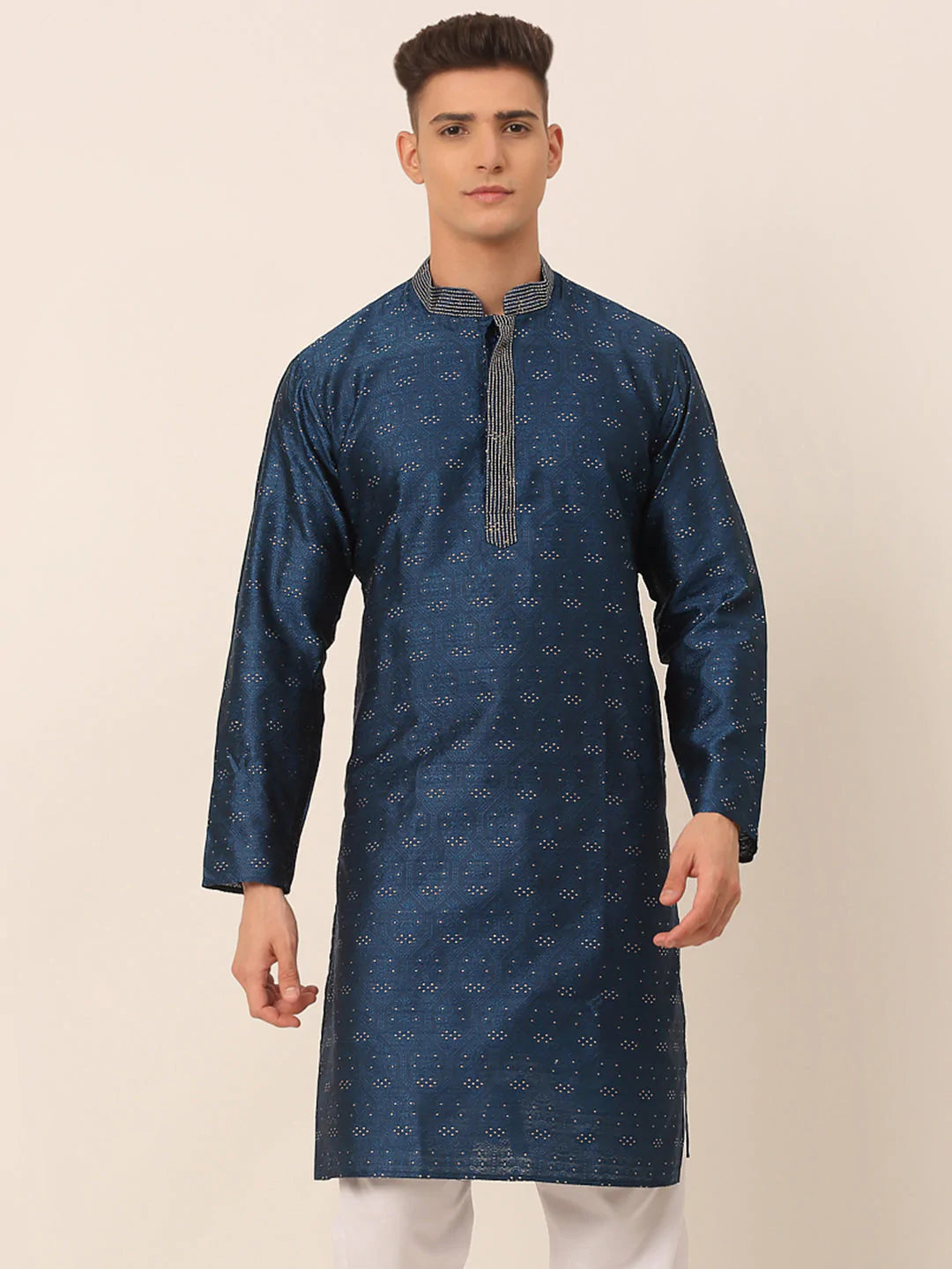 Men's Silk Blend Collar Embroidered Kurta only ( KO 662 Peacock )