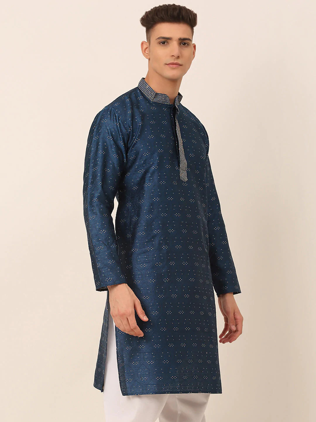 Men's Silk Blend Collar Embroidered Kurta only ( KO 662 Peacock )