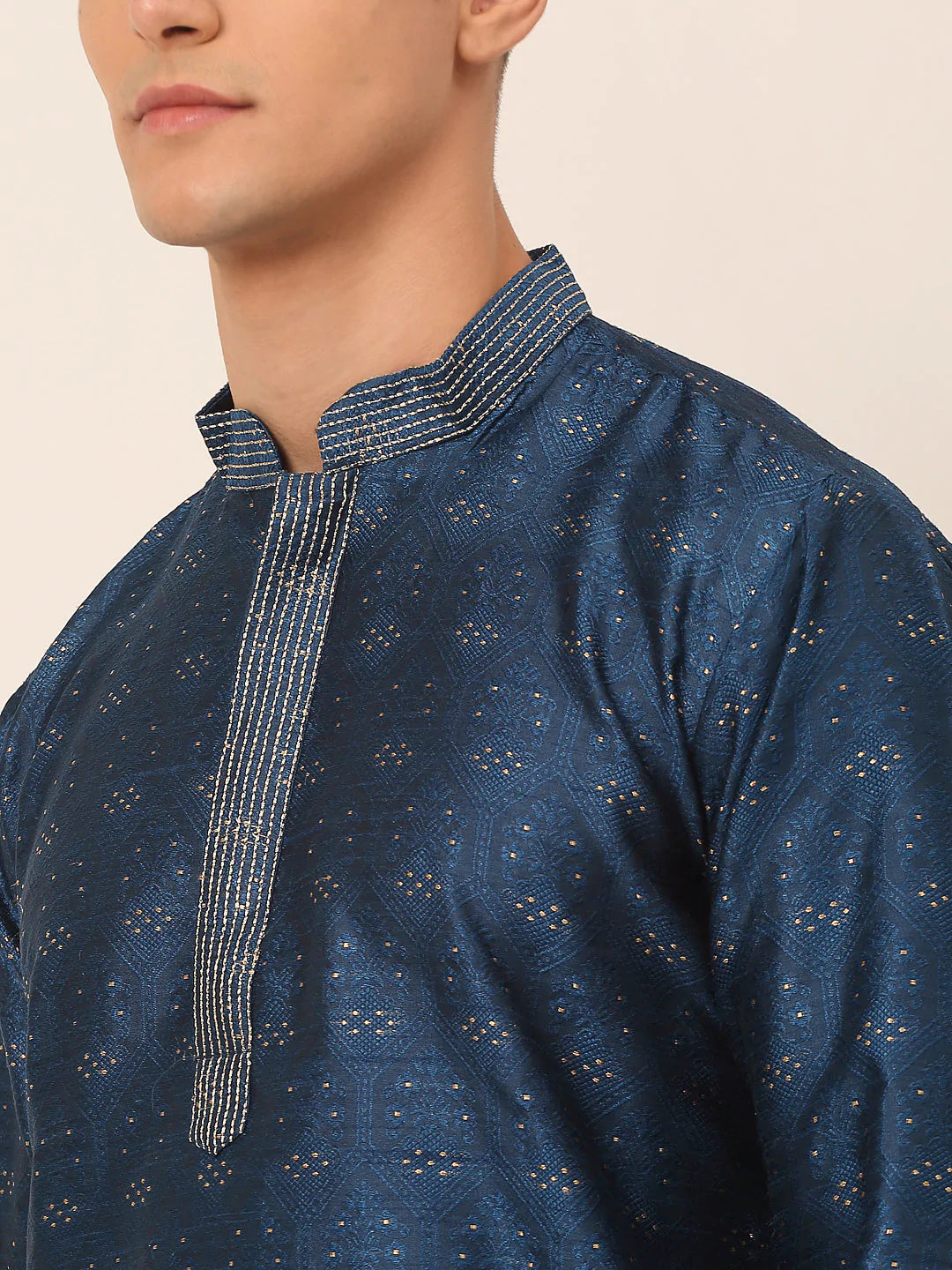 Men's Silk Blend Collar Embroidered Kurta only ( KO 662 Peacock )
