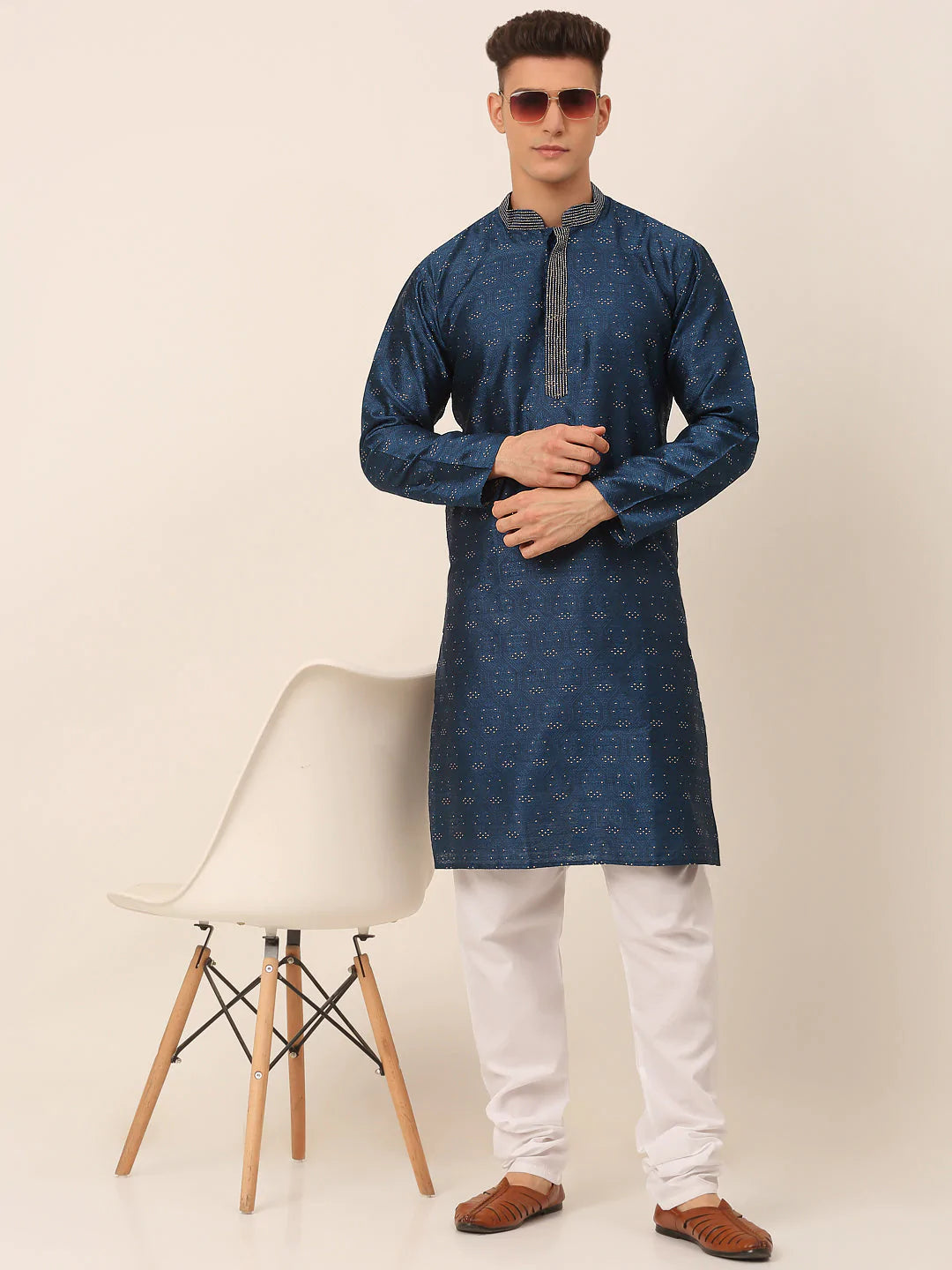 Men's Silk Blend Collar Embroidered Kurta only ( KO 662 Peacock )