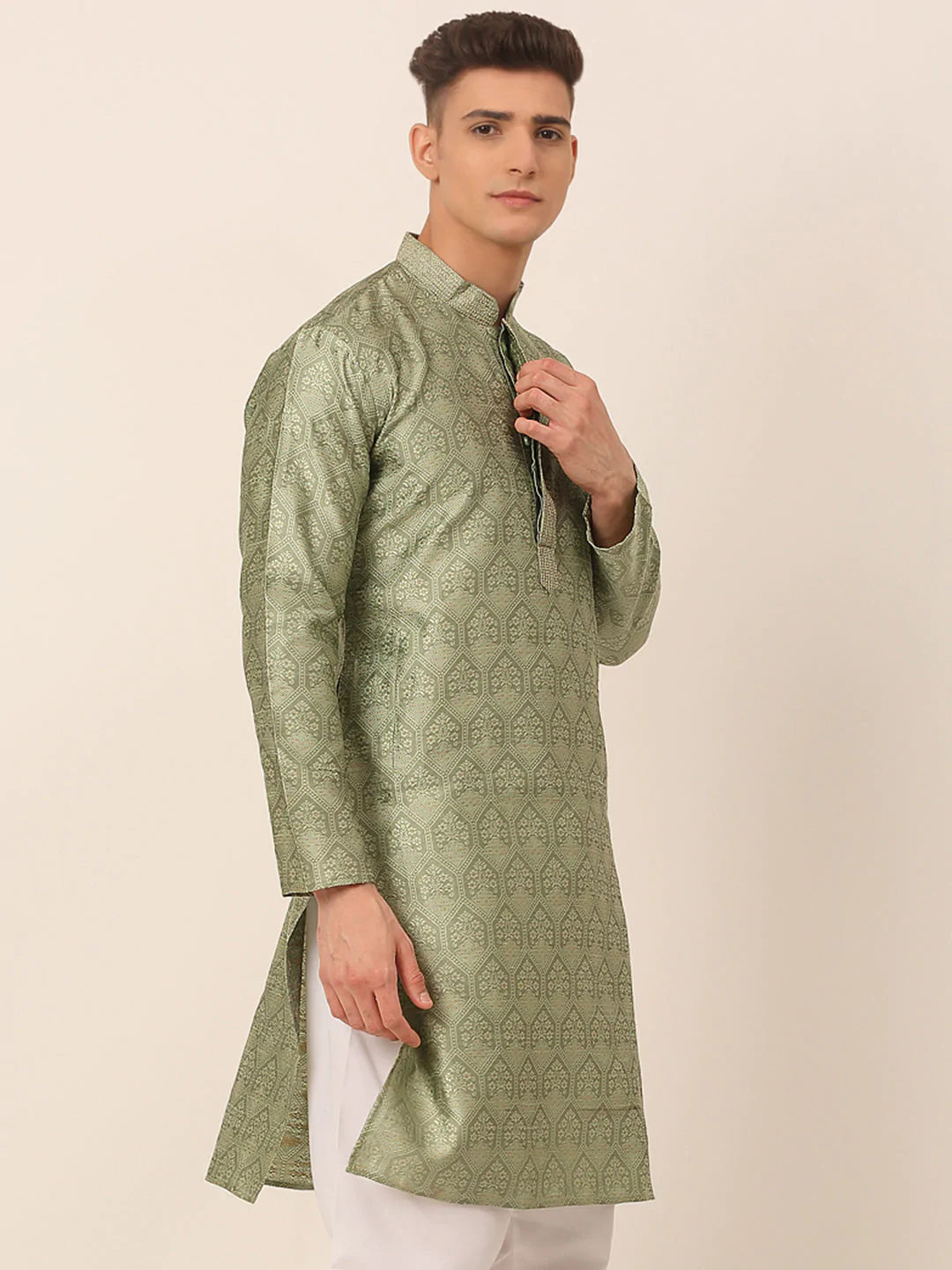 Men's Silk Blend Collar Embroidered Kurta only ( KO 662 Pista )