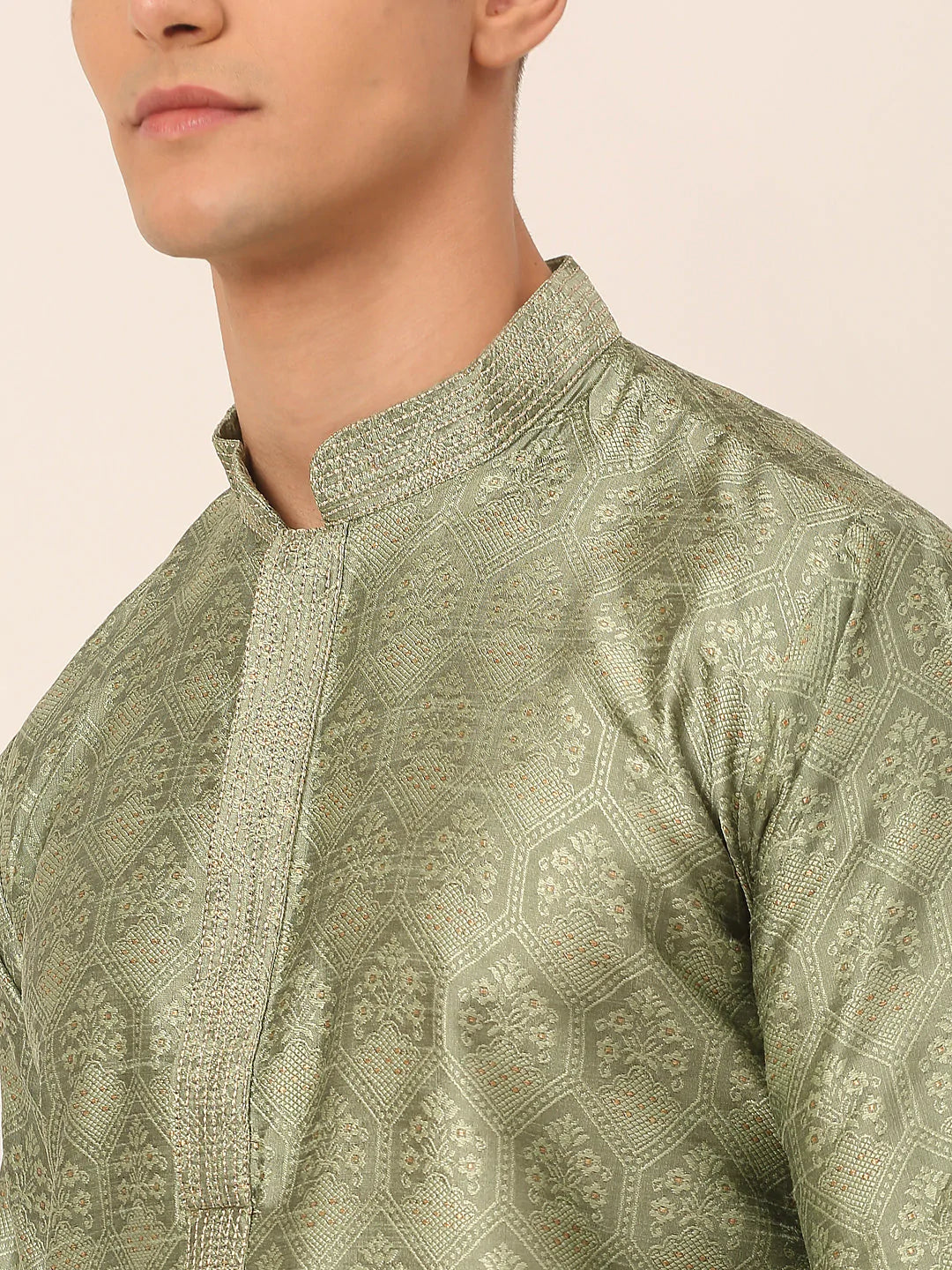 Men's Silk Blend Collar Embroidered Kurta only ( KO 662 Pista )