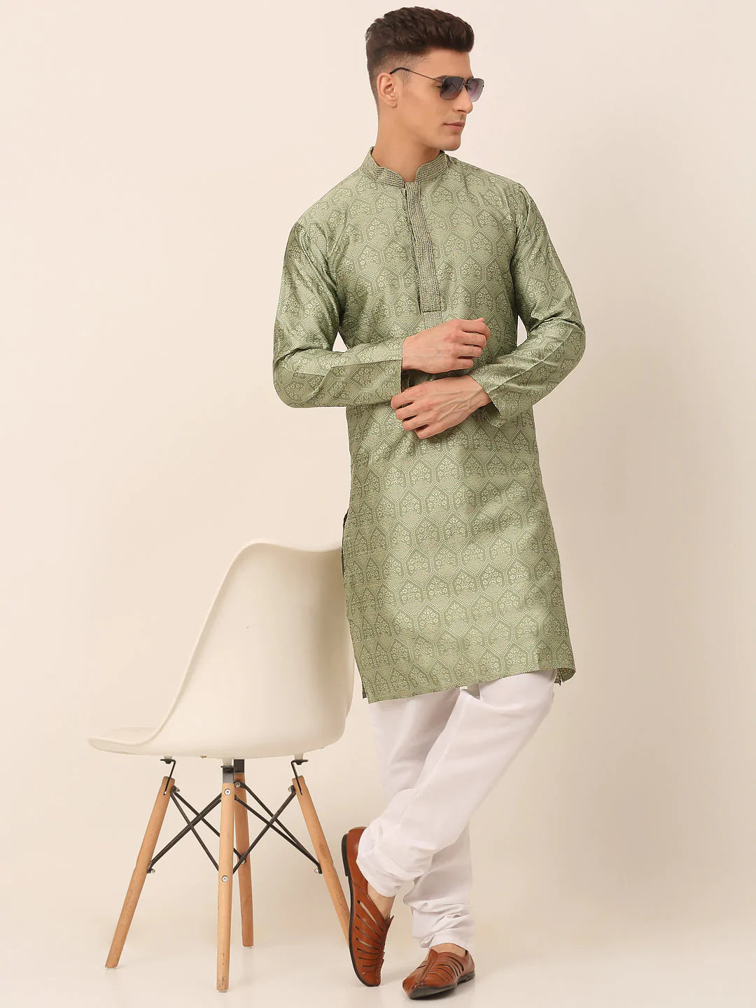 Men's Silk Blend Collar Embroidered Kurta only ( KO 662 Pista )