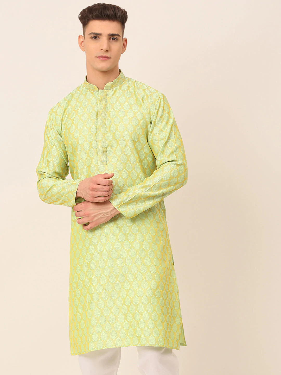 Men's Silk Blend Collar Embroidered Kurta only ( KO 663 Green )