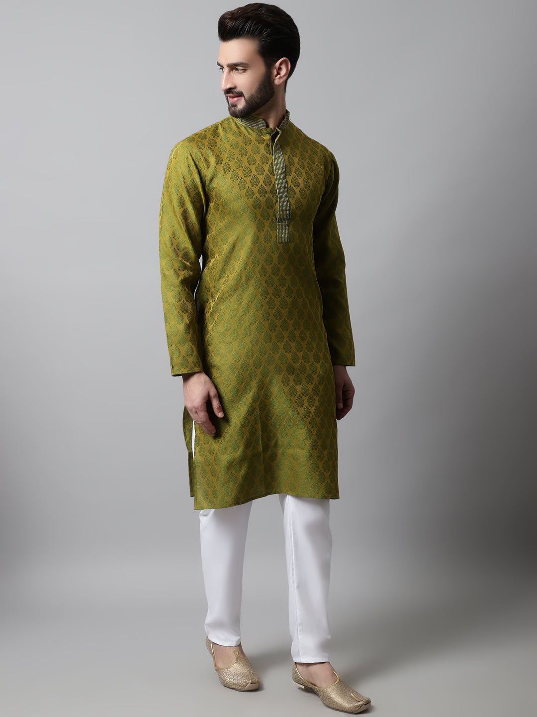 Men Olive Green and White Woven Design Kurtas ( KO 663Olive )