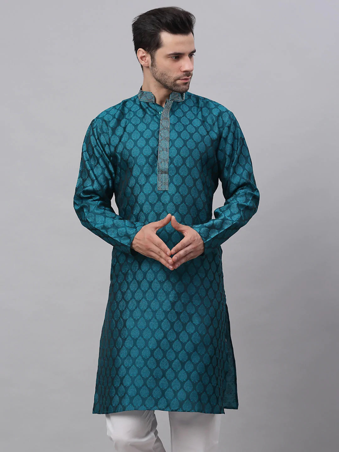 Men's Silk Blend Collar Embroidered Kurta only ( KO 663 Peacock )