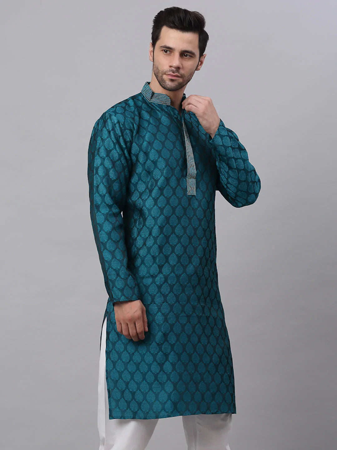 Men's Silk Blend Collar Embroidered Kurta only ( KO 663 Peacock )