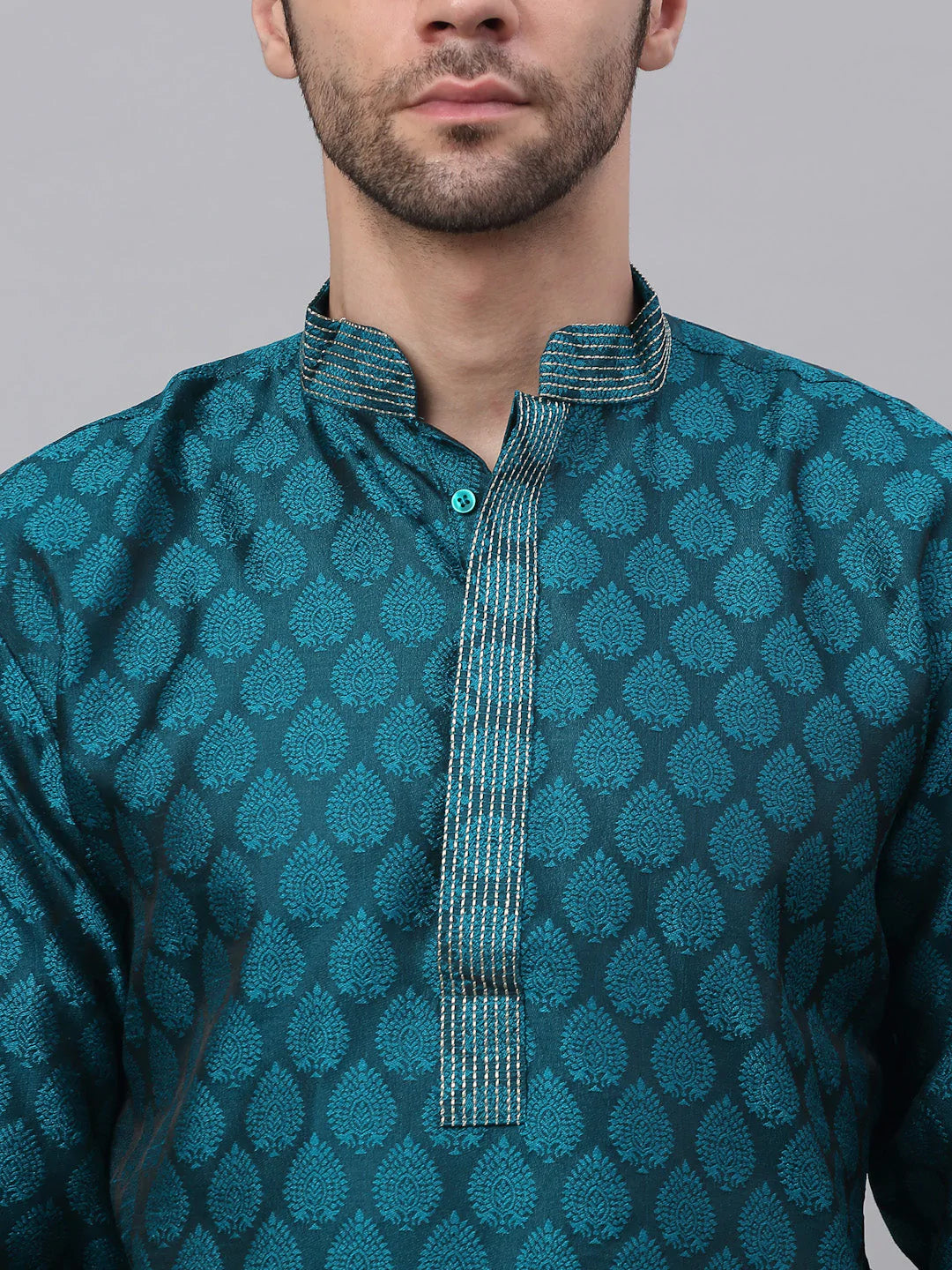 Men's Silk Blend Collar Embroidered Kurta only ( KO 663 Peacock )