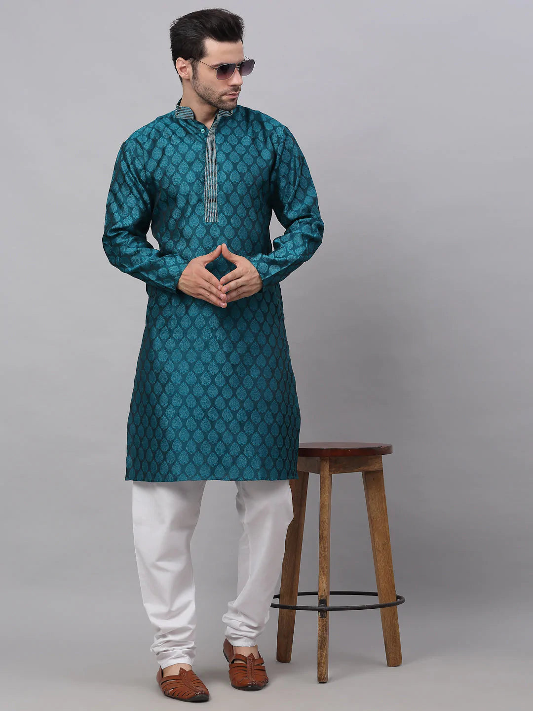 Men's Silk Blend Collar Embroidered Kurta only ( KO 663 Peacock )