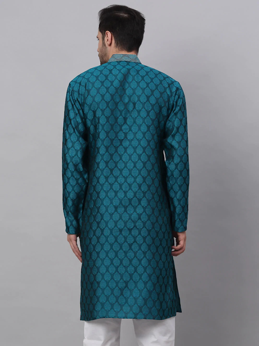 Men's Silk Blend Collar Embroidered Kurta only ( KO 663 Peacock )