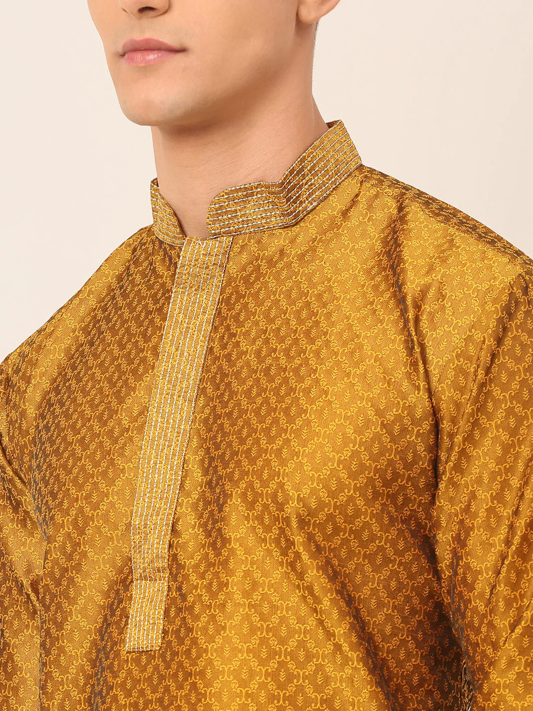 Men's Silk Blend Collar Embroidered Kurta only ( KO 664 Mustard )