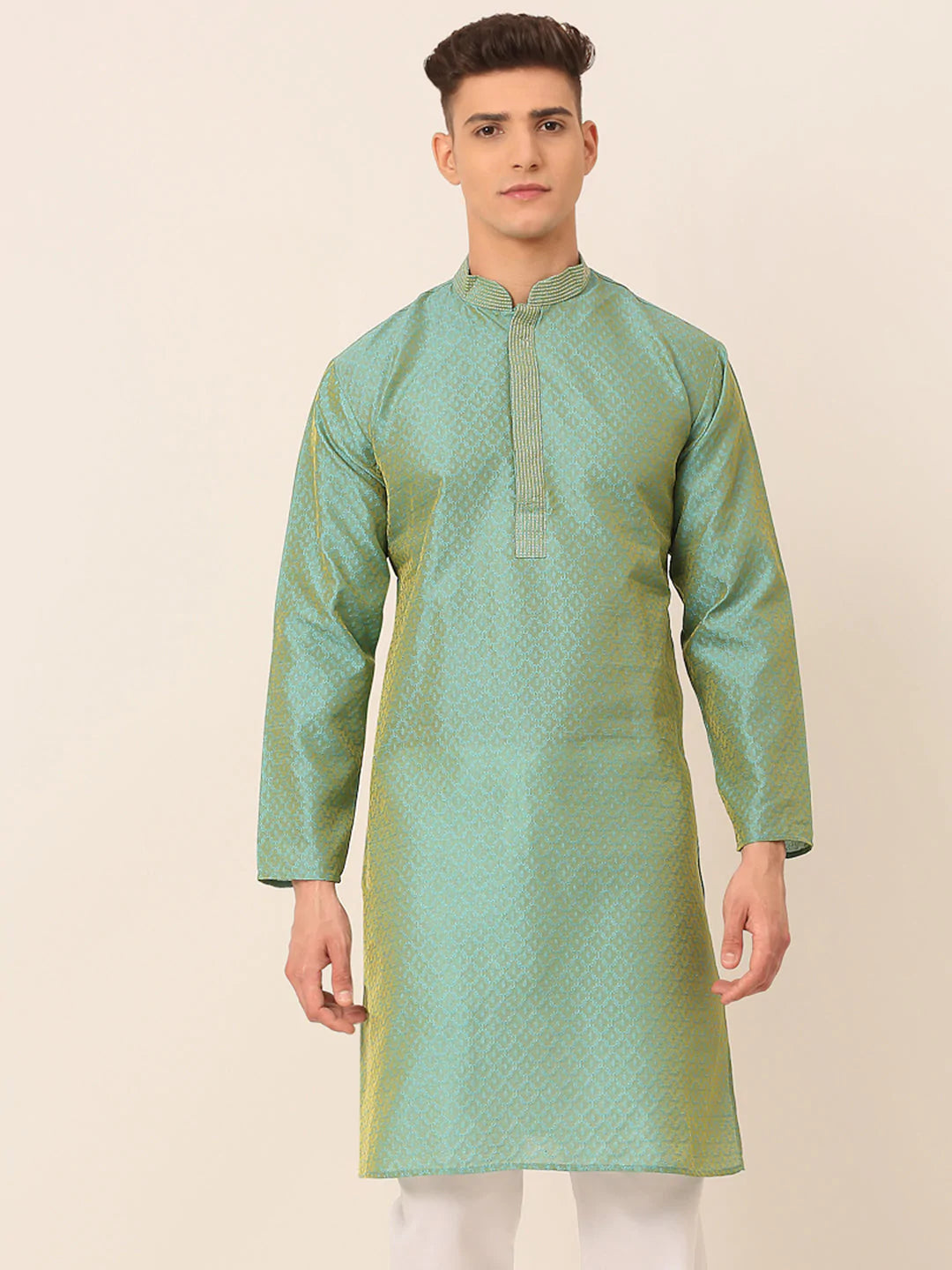 Men's Silk Blend Collar Embroidered Kurta only ( KO 664 Sea-Green )