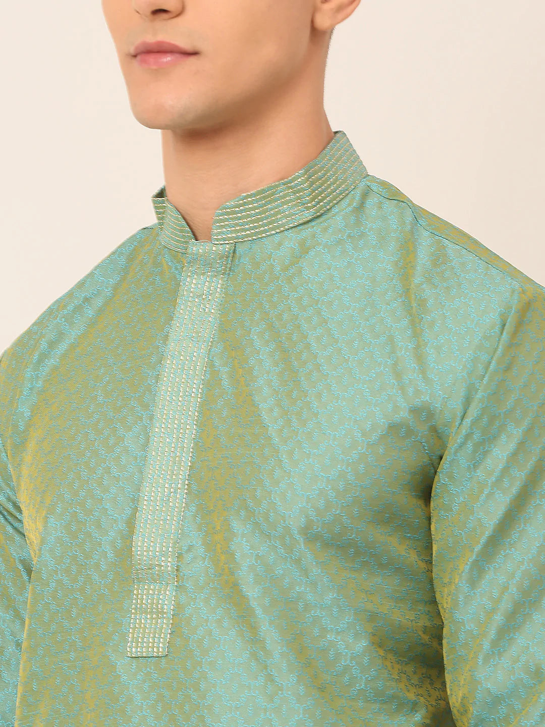 Men's Silk Blend Collar Embroidered Kurta only ( KO 664 Sea-Green )