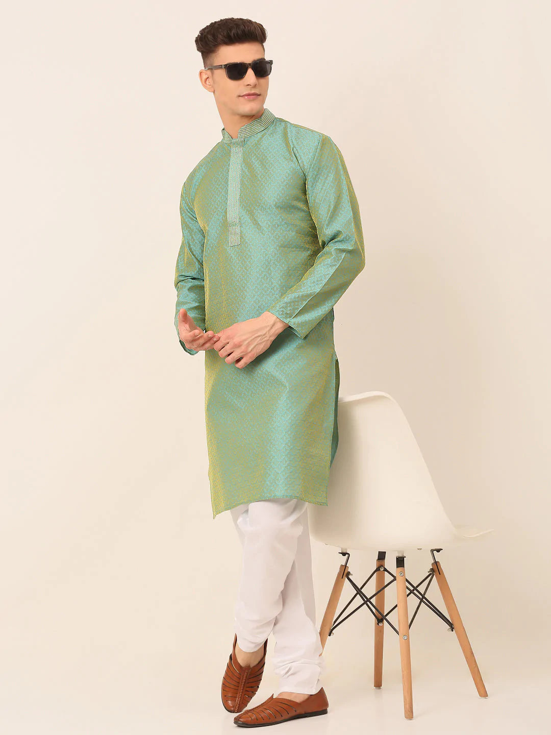 Men's Silk Blend Collar Embroidered Kurta only ( KO 664 Sea-Green )