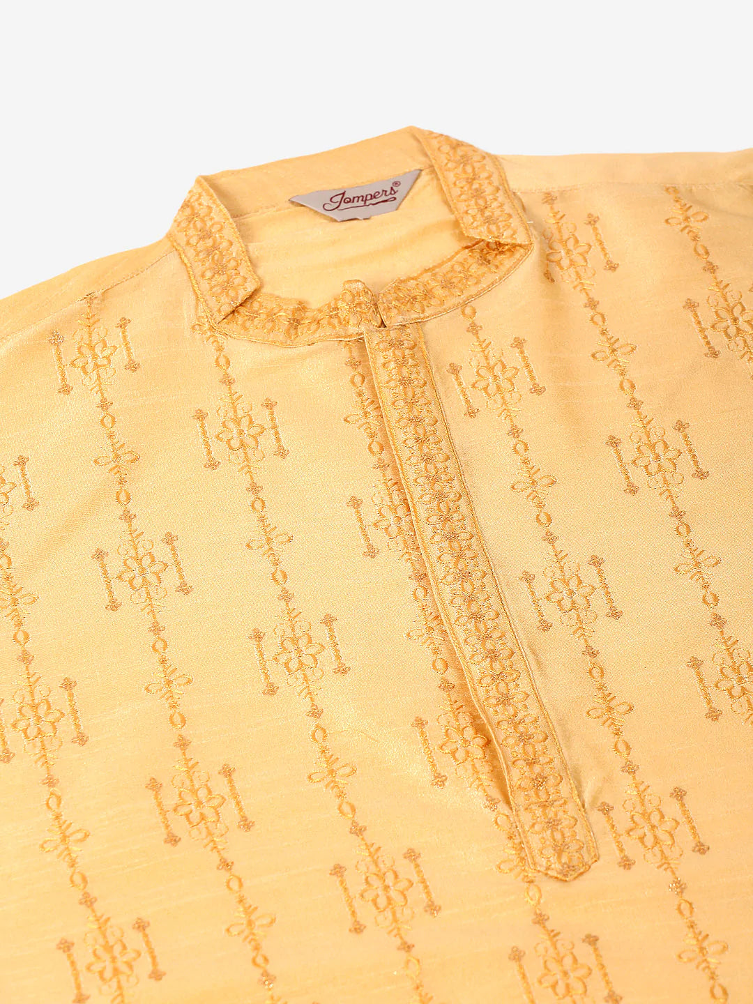 Men's Silk Blend Collar Embroidered Kurta Only ( KO 665 Golden )