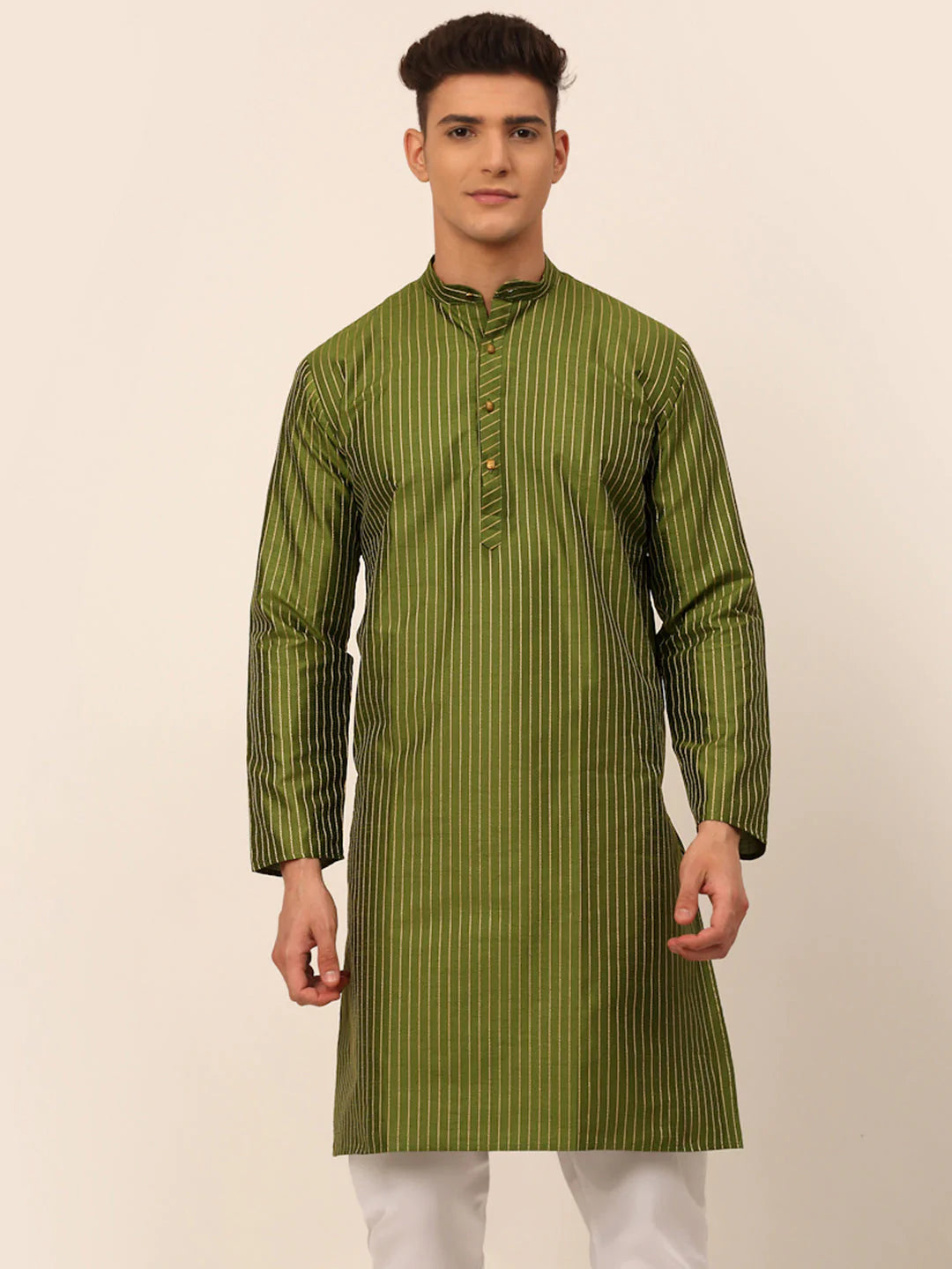 Men Olive Green Striped Pleated Chikankari Kurta Only ( KO 666 Olive )