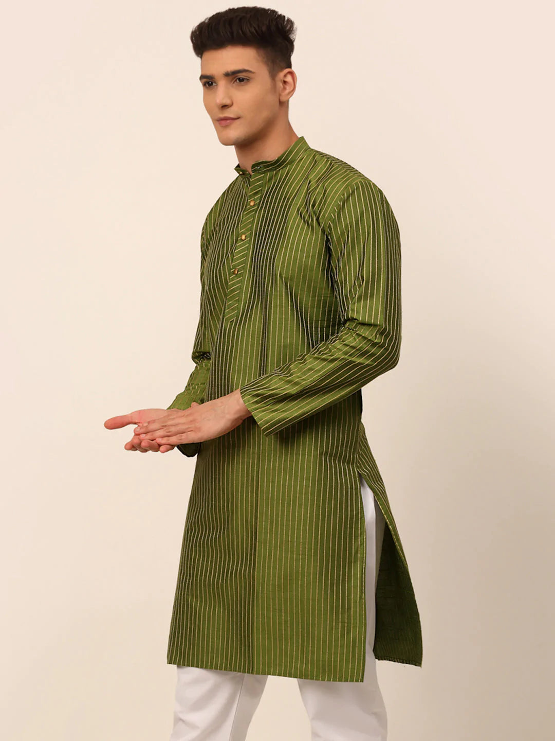 Men Olive Green Striped Pleated Chikankari Kurta Only ( KO 666 Olive )