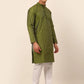 Men Olive Green Striped Pleated Chikankari Kurta Only ( KO 666 Olive )